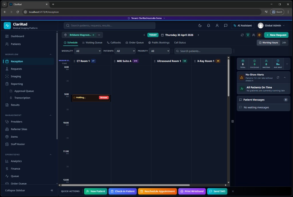 ClariRad medical imaging platform reception workflow showing schedule grid, rooms, and sidebar navigation