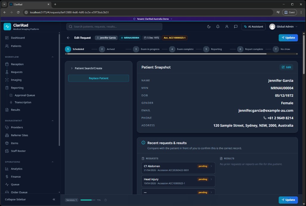 Screenshot of ClariRad edit request page with patient snapshot card and workflow stages