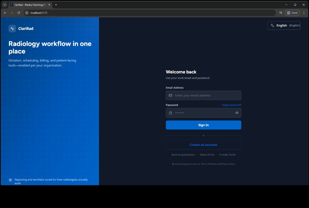 Screenshot of ClariRad login page with blue brand panel and welcome back form
