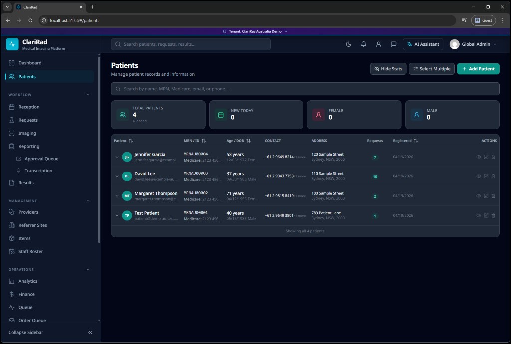 Screenshot of ClariRad Patients page showing statistics cards and patient rows with avatars
