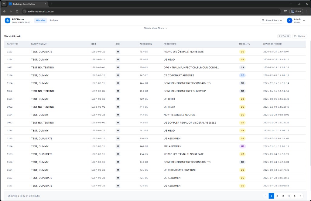 RADForms worklist showing patient rows with modality badges and procedure columns.