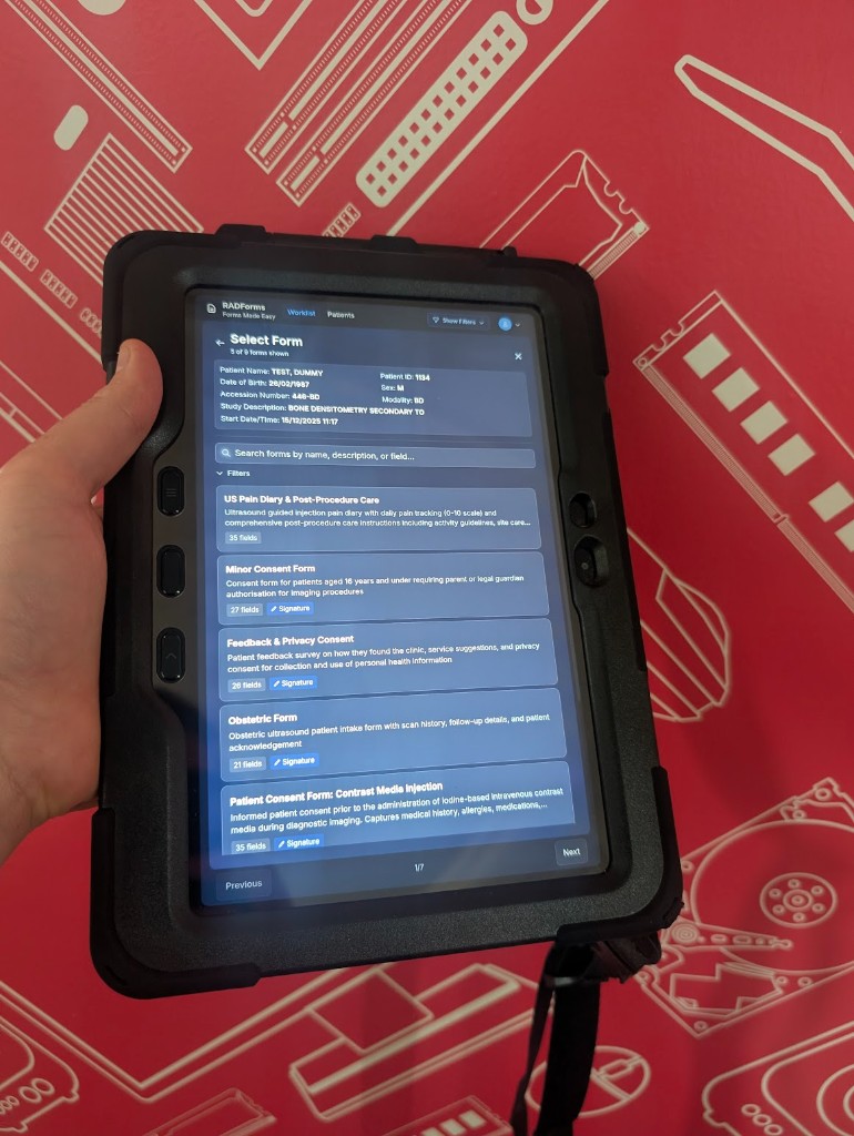 RadForms Select Form screen listing trial templates such as pain diary, minor consent, feedback, obstetric, and contrast consent