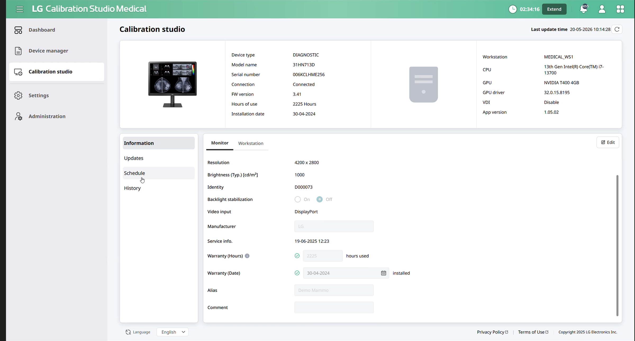 LCSM Calibration studio device detail view from the partner preview session, showing the LG 31HN713D diagnostic monitor with model, serial number, firmware version 3.41, hours of use, installation date, workstation specs (Intel i7-13700, NVIDIA T400), and monitor settings (4200x2800 resolution, 1000 cd/m² brightness, DisplayPort, backlight stabilisation, warranty tracking)