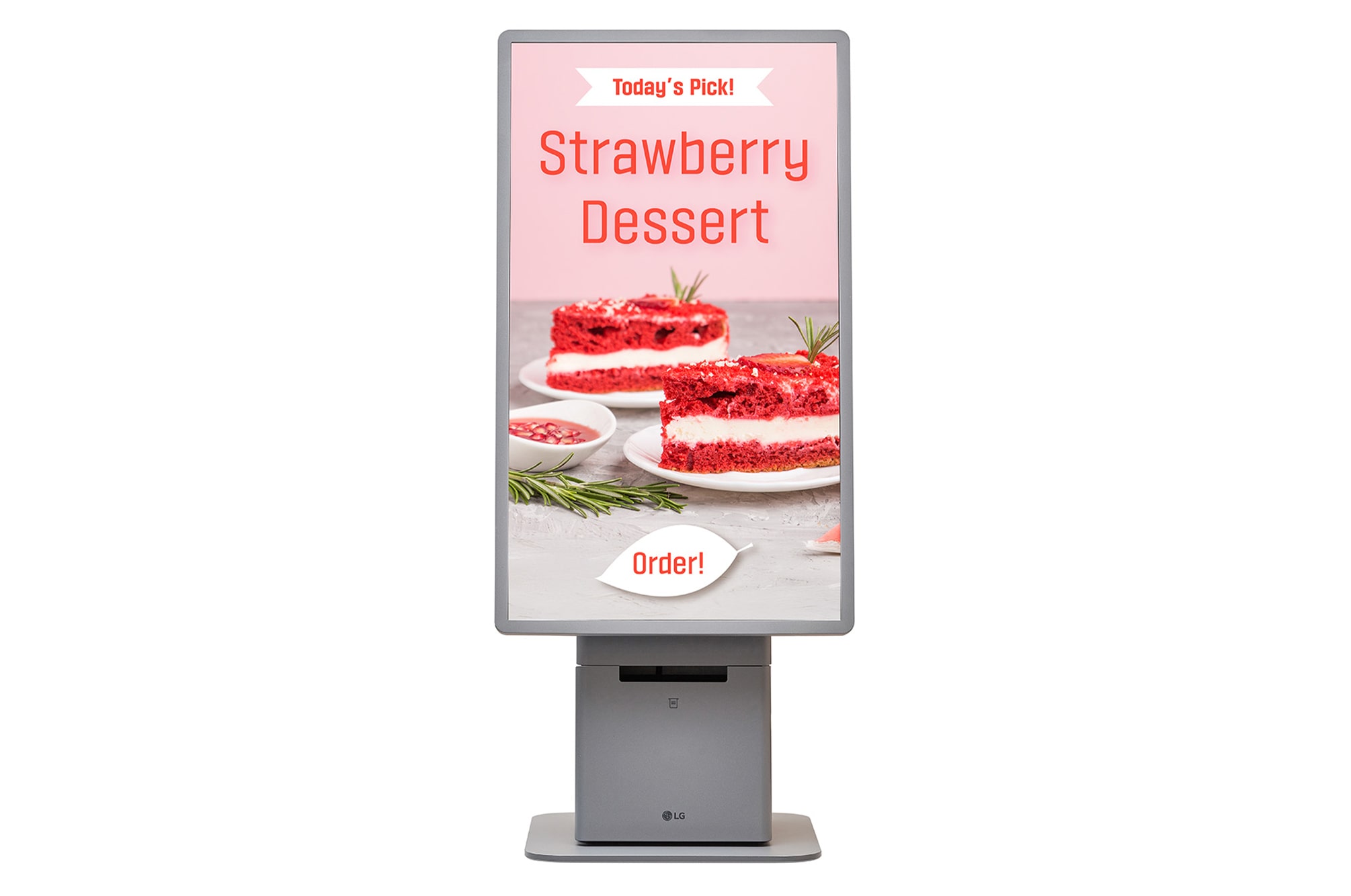 LG 27 inch kiosk in portrait floor-stand format with ordering content on screen