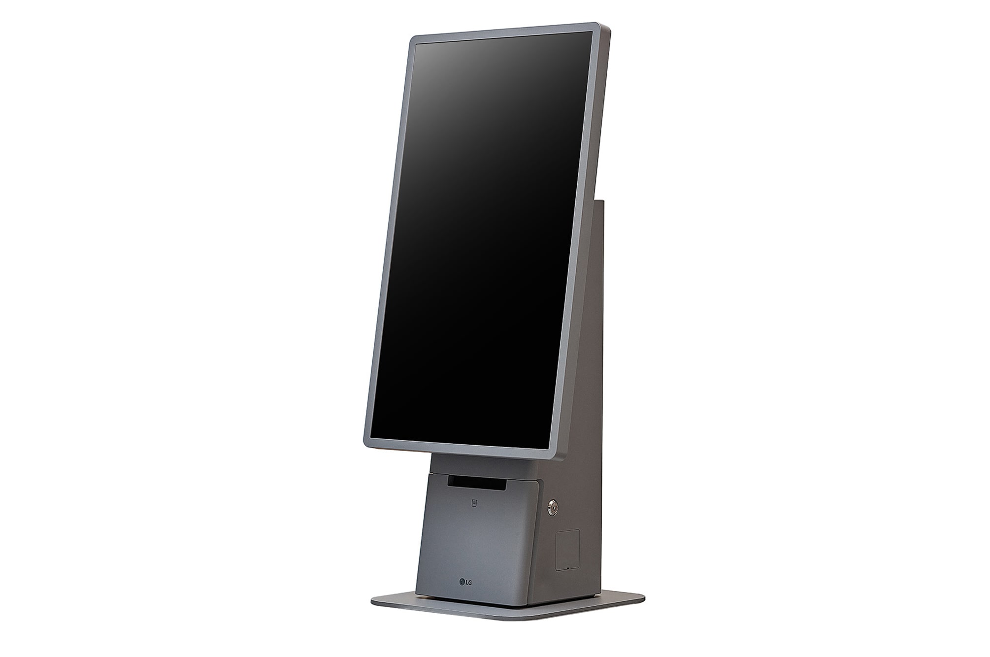 LG freestanding kiosk viewed at a three-quarter angle